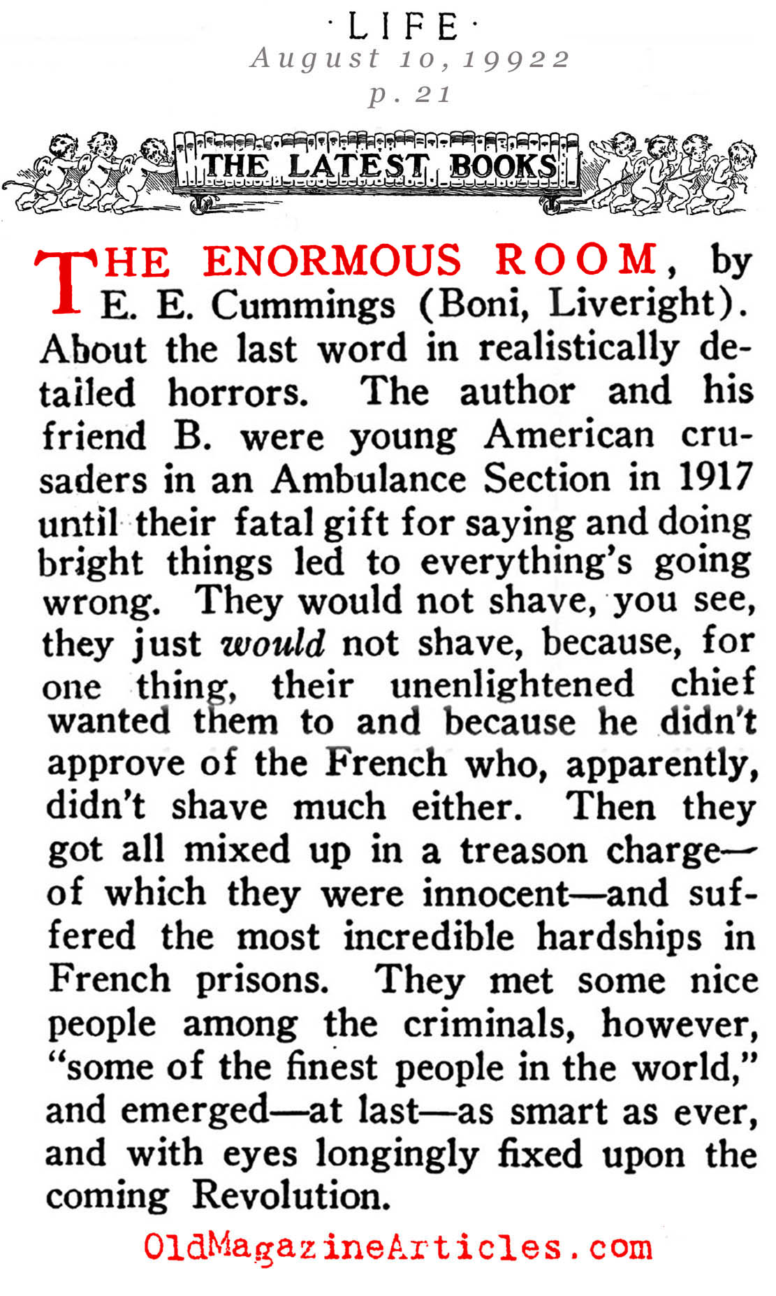 The Enormous Room by E.E. Cummings (Life Magazine, 1922)